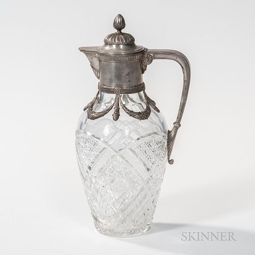 Russian Faberge Silver-mounted Cut Glass Pitcher, Moscow, early 20th century, silver spout and handle featuring foliate swags with flor