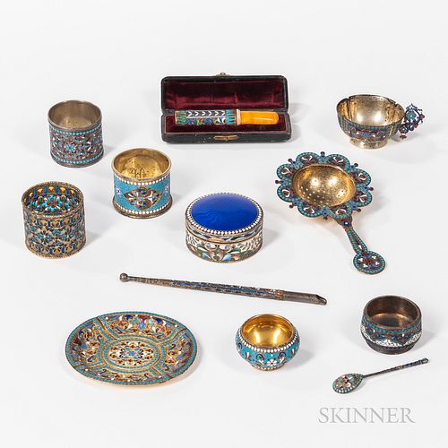 Twelve Russian Enamel Pieces, Moscow, late 19th century, including a .875 silver-gilt charka bearing Cyrillic maker's mark "GK," ht. 1