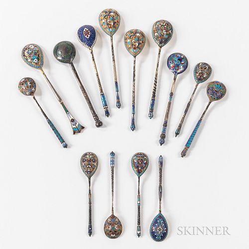 Fourteen Russian Enamel and .875 Silver Spoons, Moscow and St. Petersburg, late 19th to early 20th century, most bearing indistinct mak