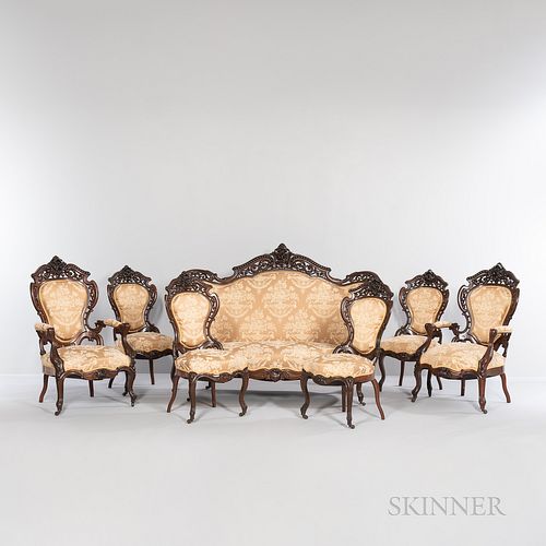 Seven-piece Suite of J. & J.W. Meeks Stanton Hall Pattern Rosewood Seating, New York, c. 1860, featuring an arched floral carved crest,