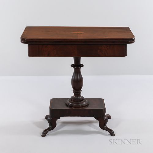 Regency-style Card Table, England, c. 1900, folded top with round corners featuring an inlaid wood border and central medallion, turned