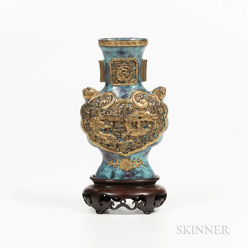 Small Gilt/Jun-glazed Imitation Archaic Bronze Hu-form Vase, China, possibly 18th century, slightly flattened flask form with an ellipt