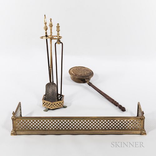 Brass Bed Warmer and Fireplace Equipment, bedwarmer with pierced and floral decorated lid and turned wood handle, lg. 40 1/2; a pierced
