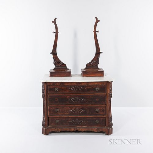 Victorian Marble-top Bureau with Carved Split-baluster Mirror Stand, 19th century, mirror stand with a pedestal on each side and hinged