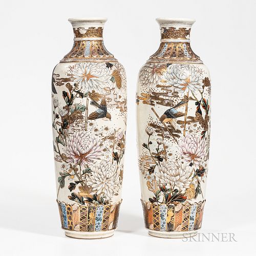 Pair of Tall Satsuma Moriage Vases, Japan, 20th century, elongated oviform with waisted neck and rolled mouth rim, decorated with chrys