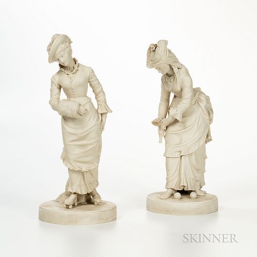 Two Copeland Parian Figures, England, 19th century, modeled as a croquet player and a rinker, by R.J. Morris, ht. 18 and 18 1/2 in.  Pr