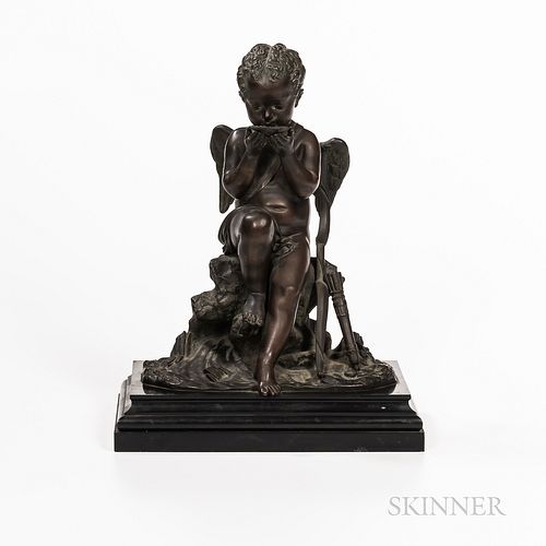 Bronze Model of a Cupid, 19th century, probably France, the seated figure drinking from a shell, mounted on a stepped slate base, illeg