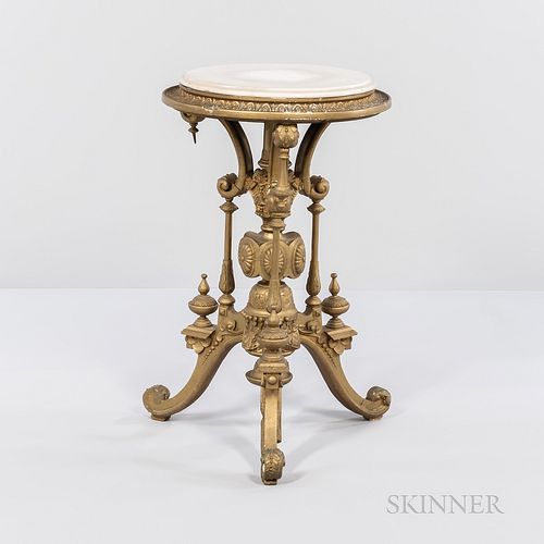 Renaissance Revival Round Giltwood Marble-top Stand, tripod base, white marble, ht. 31, dia. 19 in. Provenance: Townshend Collection.