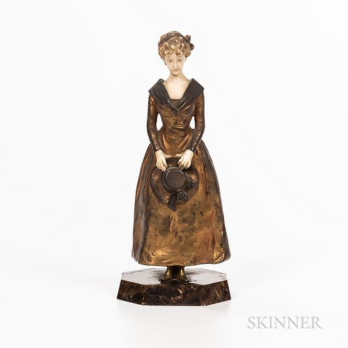 Bronze Model of a Young Girl, France, c. 1900, patinated body with carved hands and face, mounted atop an octagonal marble plinth, insc