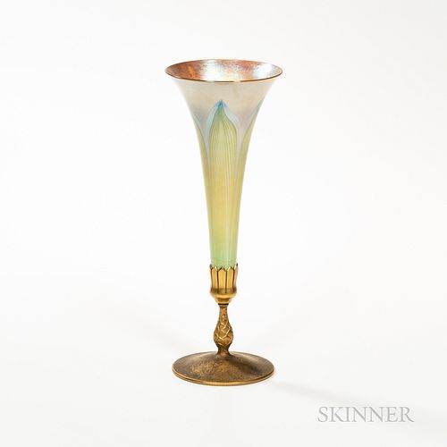 Tiffany Studios Favrile Trumpet Vase, New York, early 20th century, glass vase with pulled-feather decoration, gilt bronze base with "p