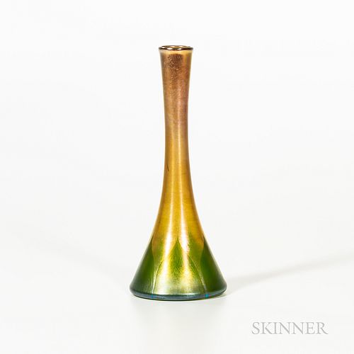 Tiffany Studios Gold Favrile Vase, New York, early 20th century, waisted form with green pulled-feather decoration at base, polished po