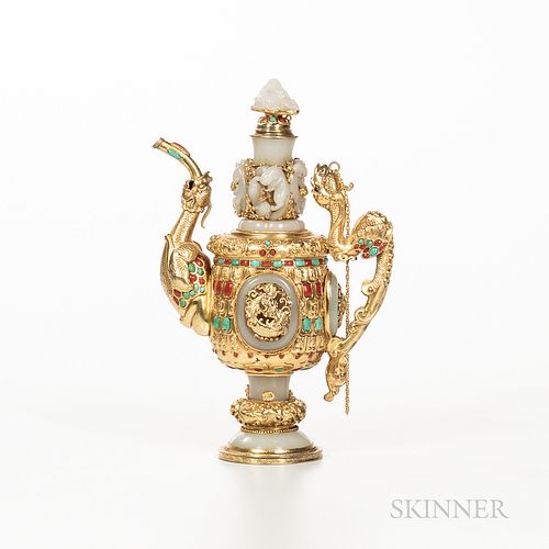 Gilt-bronze RepoussÃ© and Jade Mongolian-style Ewer, China, with dragon-inspired spout and handle, the cover with a white jade openwork