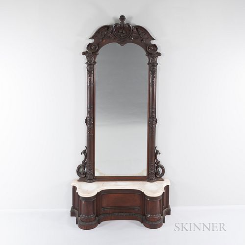 Victorian Walnut Pier Mirror, 19th century, carved floral detail in top crest, Corinthian capitals crowning floral carved pillars, ht.