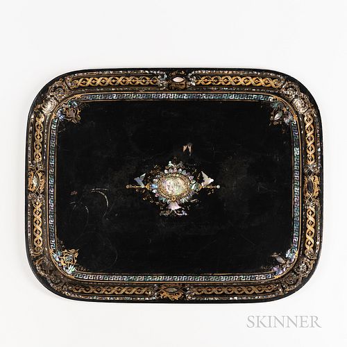 English Tole Tea Tray, black-painted rounded rectangular shape with gold and mother-of-pearl inlaid decoration, ht. 21 1/4, lg. 26 3/4