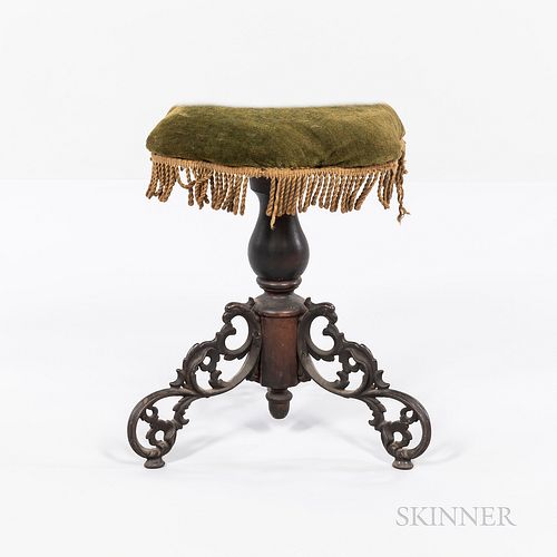 Victorian Upholstered Iron and Walnut Piano Stool, 19th century, green velvet upholstery with gold fringe atop a turned wood support wi