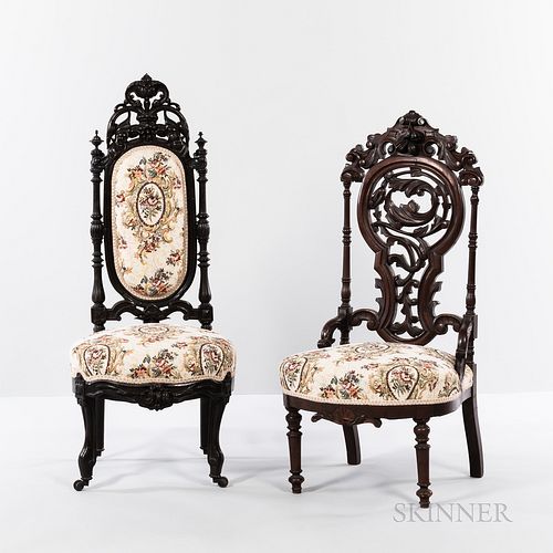 Two Victorian Parlor Chairs, 19th century, one with carved and pierced foliate back, ht. 42, wd. 20, dp. 19, the other with carved and