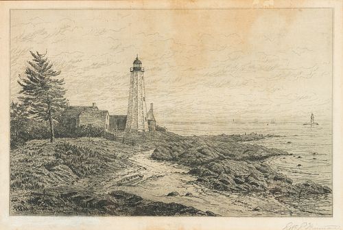 Robert R. Wiseman (American, active 1877-1882), Two Framed Etchings: Railroad Bridge and Lighthouse on the Shore, Both signed "Robert R