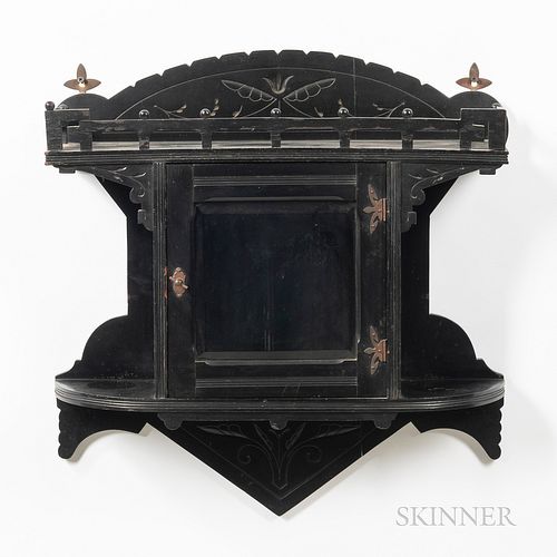 Eastlake-style Ebonized Wall Cabinet, 19th century, triangular crest with foliate carving above single glass-front door, reticulated an