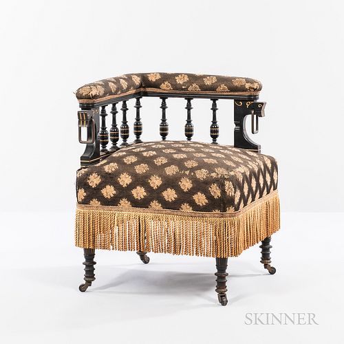 Eastlake-style Ebonized and Upholstered Corner Chair, America, 19th century, upholstered back and armrest supported by ebonized and gil