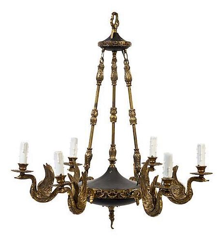 * An Empire Style Gilt and Patinated Brass Six-Light Chandelier Diameter 25 inches.