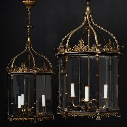 Pair of Regency Style Gilt-Brass-Mounted Metal Hexagonal Hall Lanterns