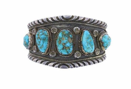 Navajo Old Pawn Heavy Silver & Turquoise Bracelet