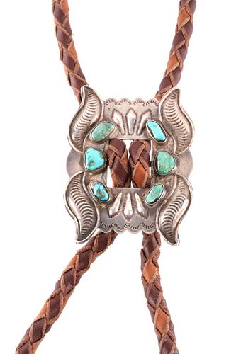 Navajo Silver & Turquoise Braided Leather Bolo