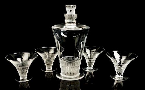 A Lalique Decanter Set Height of decanter 9 3/4 inches.