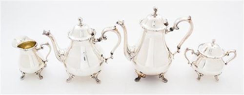 An American Silver-plate Tea and Coffee Service, International Silver Co., Meriden, CT, comprising a teapot, a coffee pot, a cre