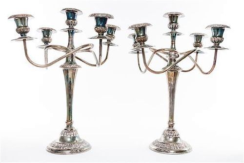 A Pair of Italian Silver-plate Five-Light Candelabra Height 16 3/8 inches.