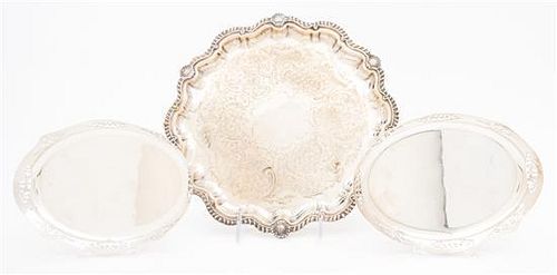 * Six Silver-plate Trays, Various Makers, comprising a pair of small oval trays and four circular trays with varying decoration.