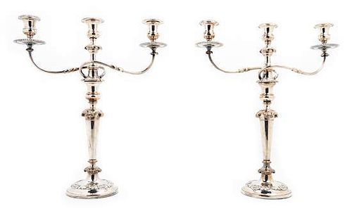 A Pair of Silver-plate Three-Light Candelabra Height 19 1/2 inches.