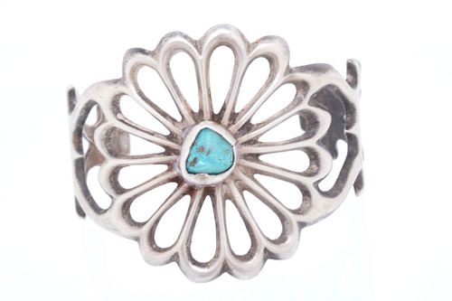 Navajo Silver & Turquoise Sand Cast Bracelet