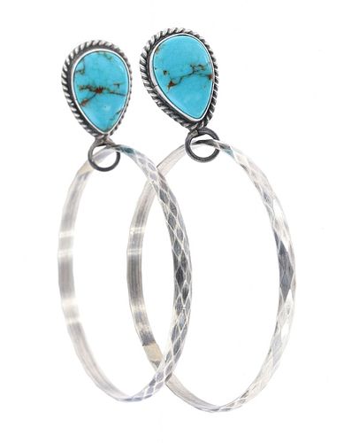 Navajo Elouise Kee Silver Turquoise Hoop Earrings