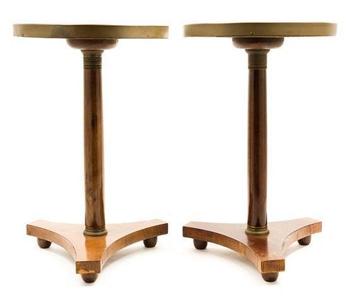 * A Pair of Continental Burlwood Side Tables Height 21 1/2 x diameter 13 3/4 inches.