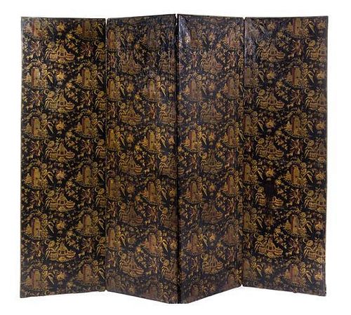 A Painted Leather Four-Panel Floor Screen Height of each panel 70 1/4 x width 21 1/8 inches.