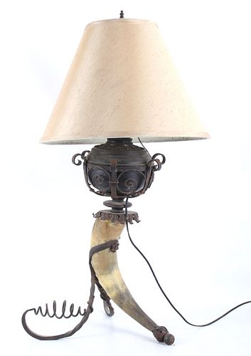 Wrought Iron Steer Horn Electric Lamp c. 1920's
