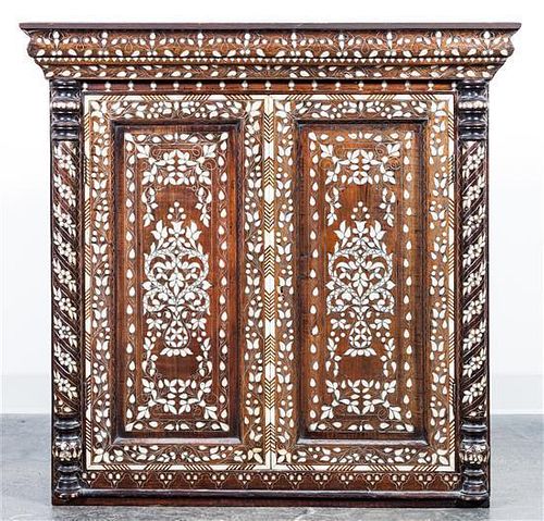 A Syrian Mother-of Pearl Inlaid Cabinet Height 36 x width 37 x depth 14 1/2 inches.