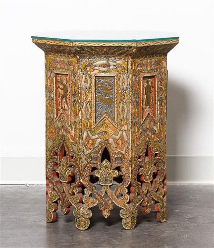 A Syrian Painted Occasional Table Height 22 x diameter of top 17 inches.