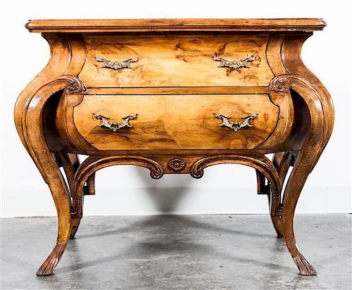 * A Continental Burlwood Bombe Commode Height 27 3/4 x width 22 1/4 x depth 21 1/2 inches.