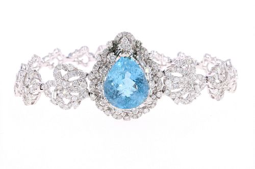 GIA Aquamarine Diamond & 18k White Gold Bracelet
