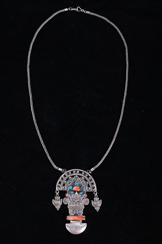 Sterling Mayan Aztec Coral & Turquoise Necklace
