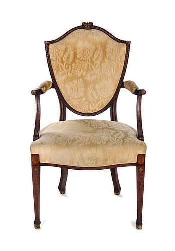 * A Sheraton Marquetry Decorated Mahogany Open Armchair Height 38 1/2 inches.