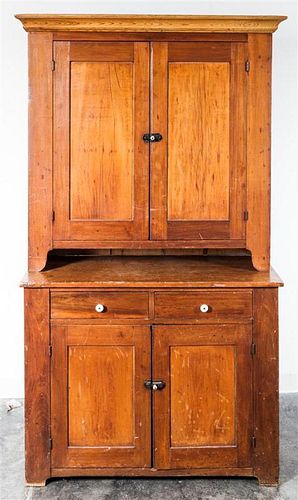An American Pine Step Back Cupboard Height 78 1/2 x width 43 1/2 x 18 1/4 inches.