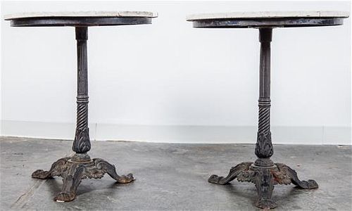 A Pair of Painted Iron Cafe Tables Height 26 x diameter of top 22 inches.