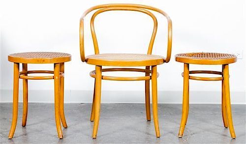 A Thonet Style Bentwood Armchair and Two Ottomans Height 30 1/2 inches.