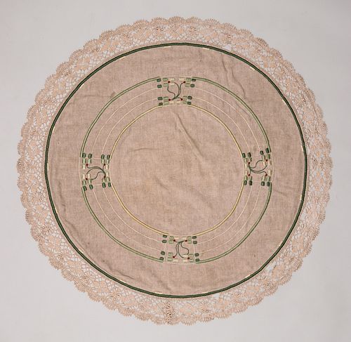 Arts & Crafts Hand Embroidered Green Linear Round Linen c1910