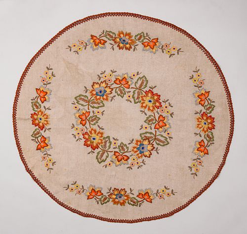 Arts & Crafts Hand Embroidered Autumn Leaves & Flowers Round Linen c1910