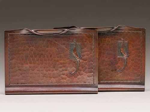 Roycroft Hammered Copper Bird-of-Paradise Bookends c1920
