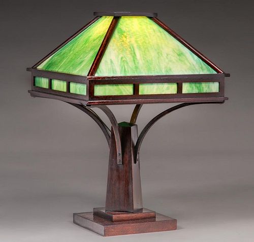 Arts & Crafts Mahogany & Slag Glass Lamp c1910